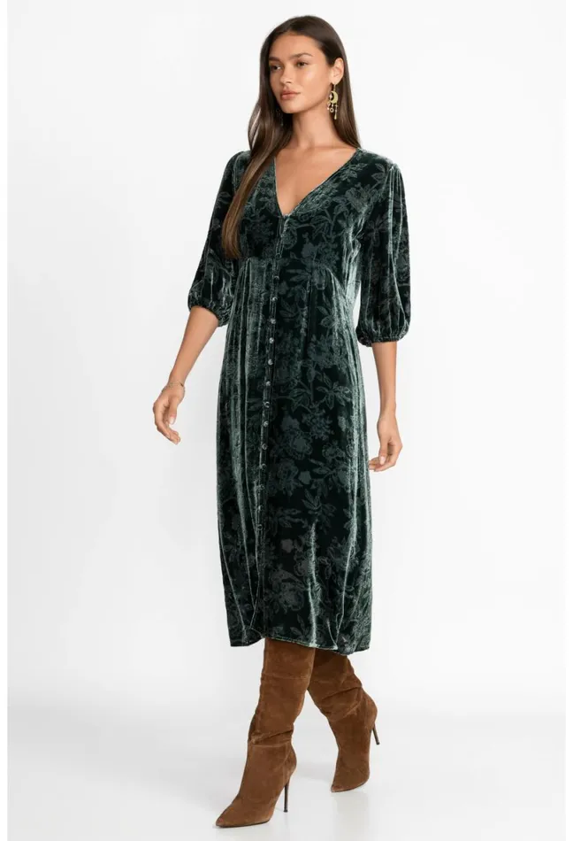 Women Johnny Was Dresses Natalia Silk Midi Dress Emerald Green