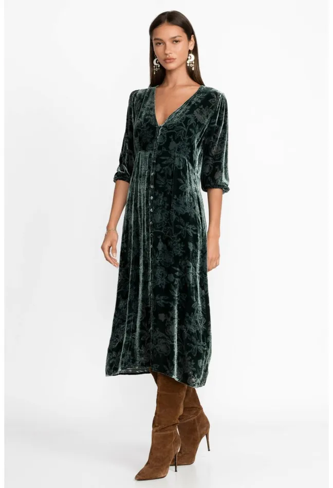 Women Johnny Was Dresses Natalia Silk Midi Dress Emerald Green