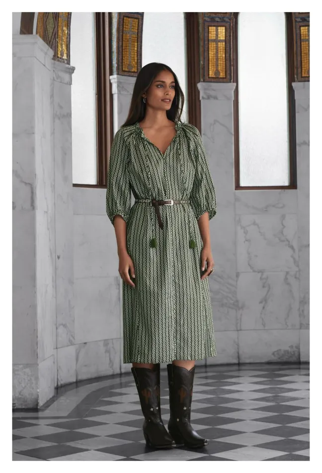 Women Johnny Was Dresses Split Ruffle Neck Midi Multi