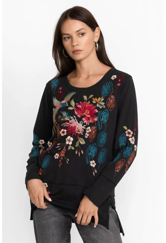Women Johnny Was Tops Ashira Raw Seam Long Sleeve Tee Black
