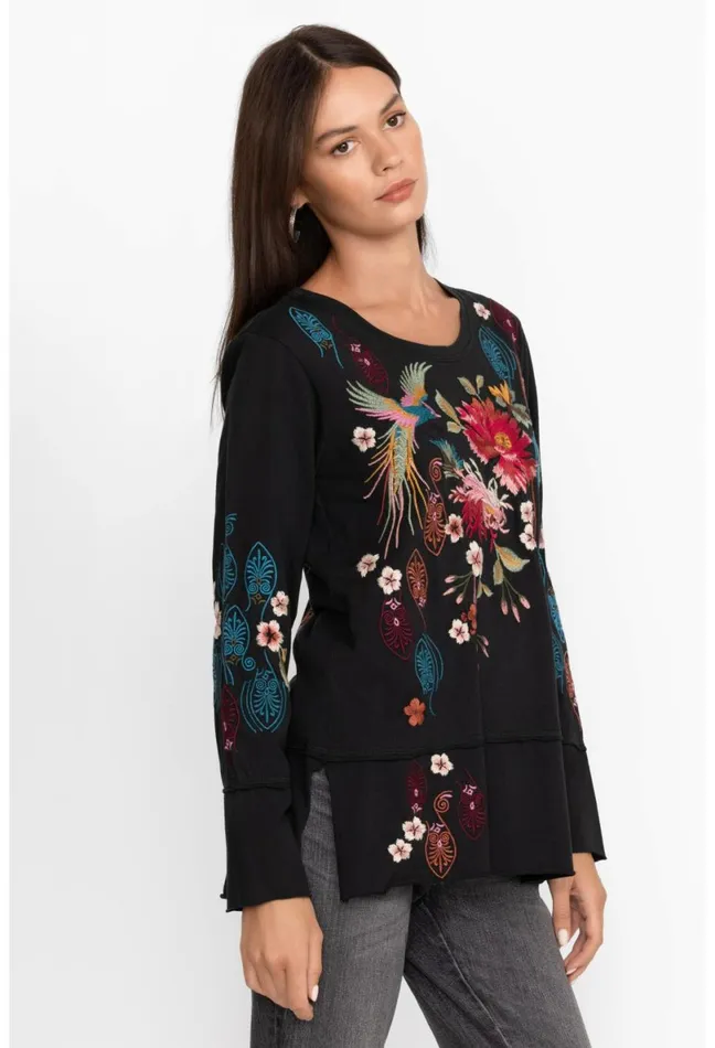 Women Johnny Was Tops Ashira Raw Seam Long Sleeve Tee Black