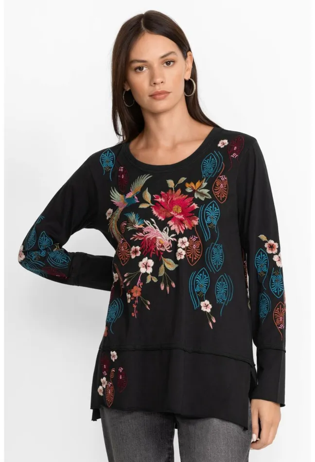 Women Johnny Was Tops Ashira Raw Seam Long Sleeve Tee Black