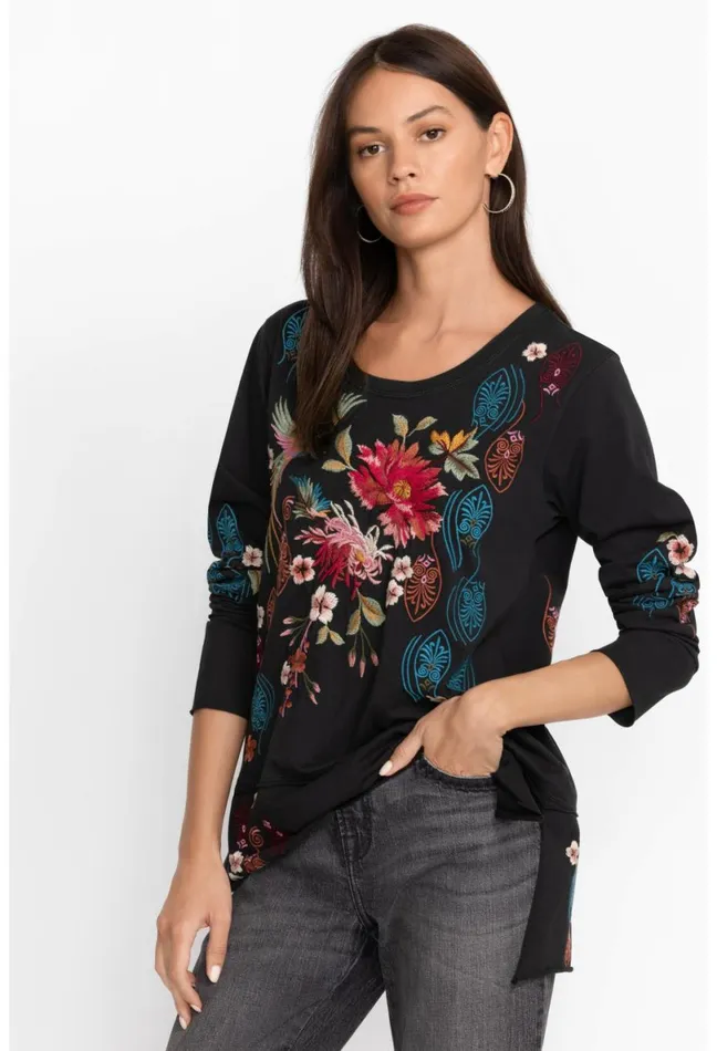Women Johnny Was Tops Ashira Raw Seam Long Sleeve Tee Black