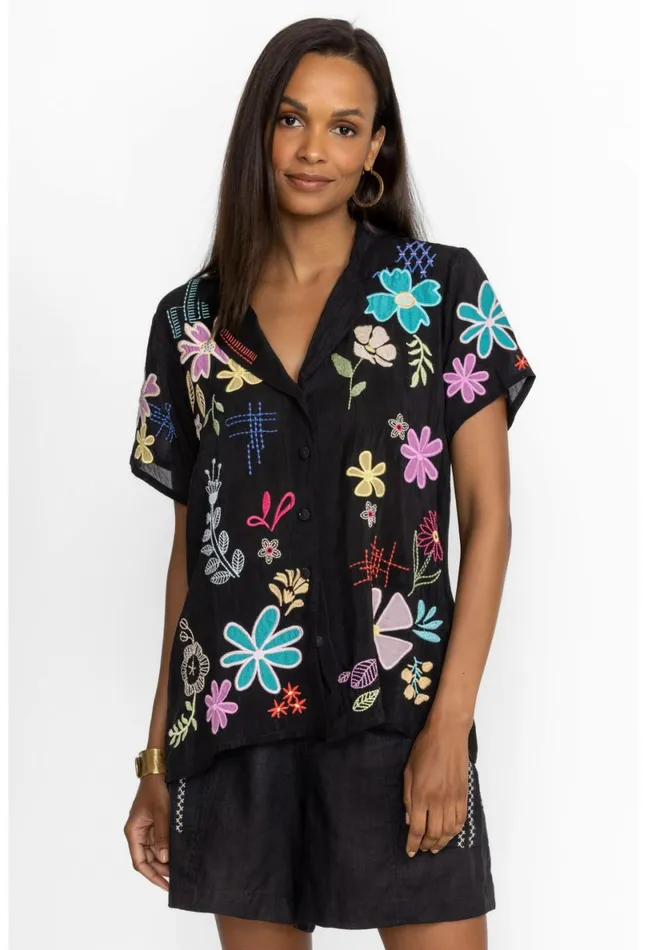 Women Johnny Was Tops Kiki Applique Blouse Black