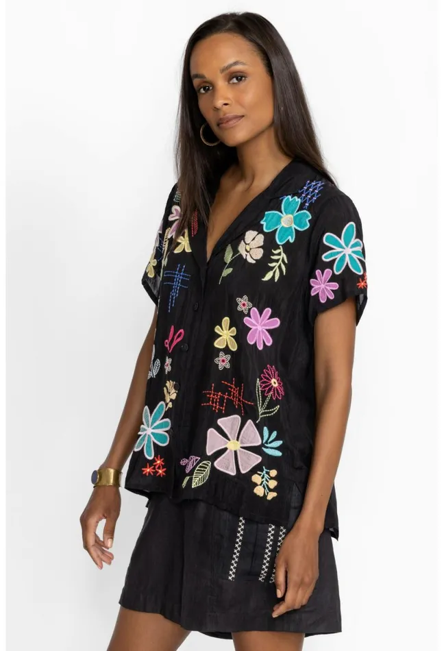 Women Johnny Was Tops Kiki Applique Blouse Black