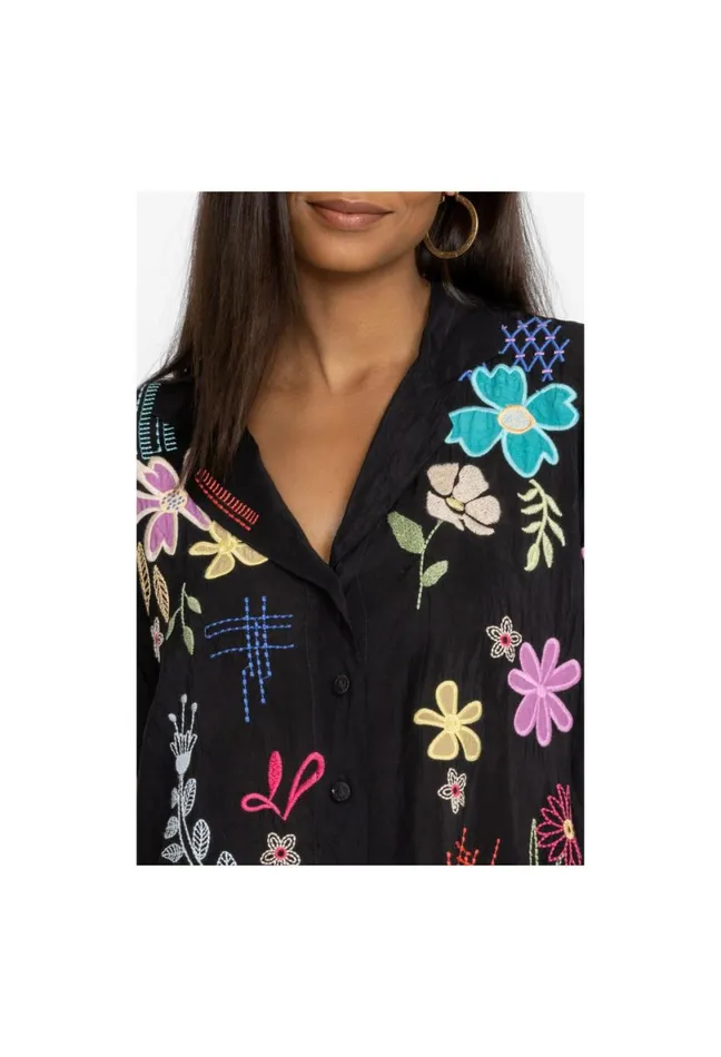 Women Johnny Was Tops Kiki Applique Blouse Black