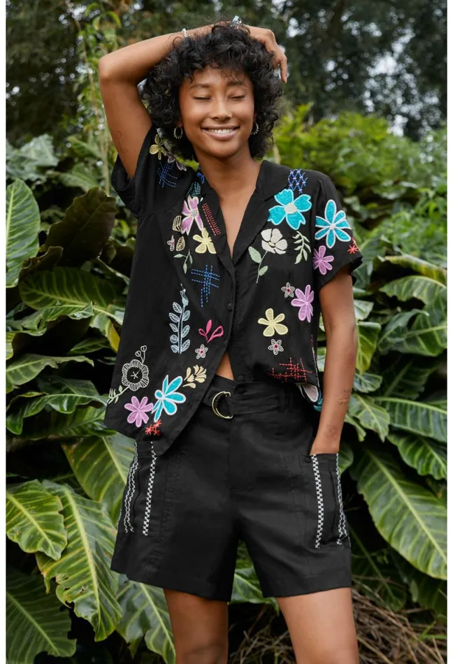 Women Johnny Was Tops Kiki Applique Blouse Black