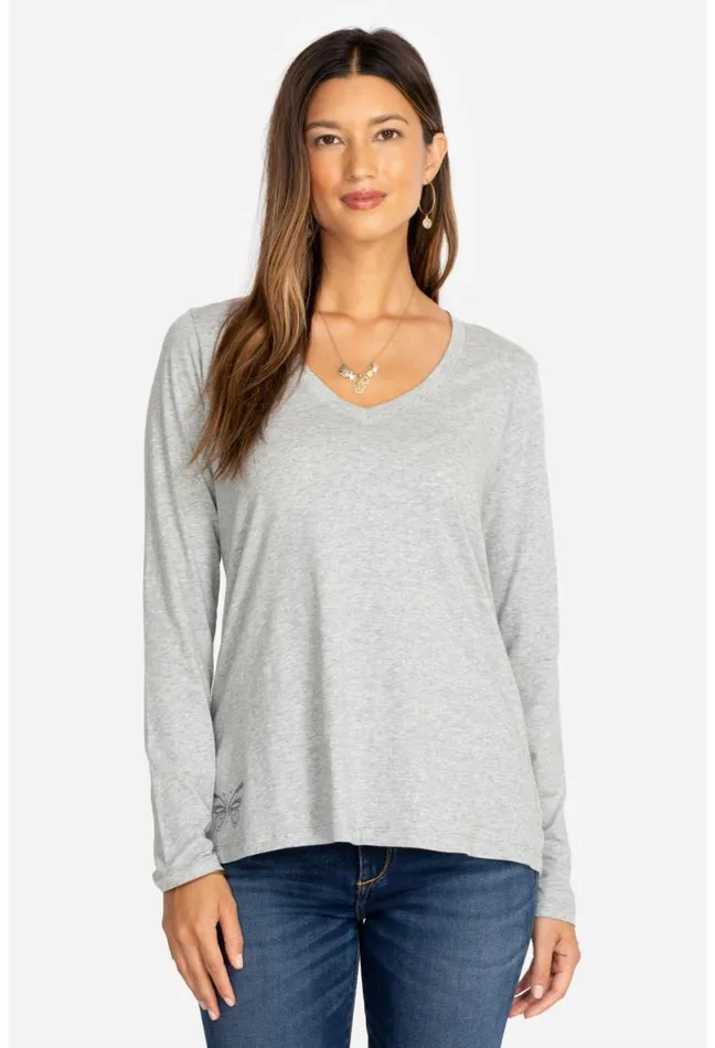 Women Johnny Was Tops Long Sleeve VNeck Layering Tee Heather Grey