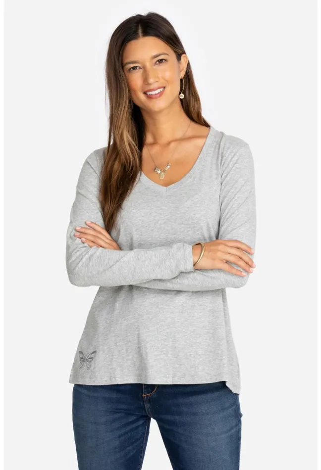 Women Johnny Was Tops Long Sleeve VNeck Layering Tee Heather Grey