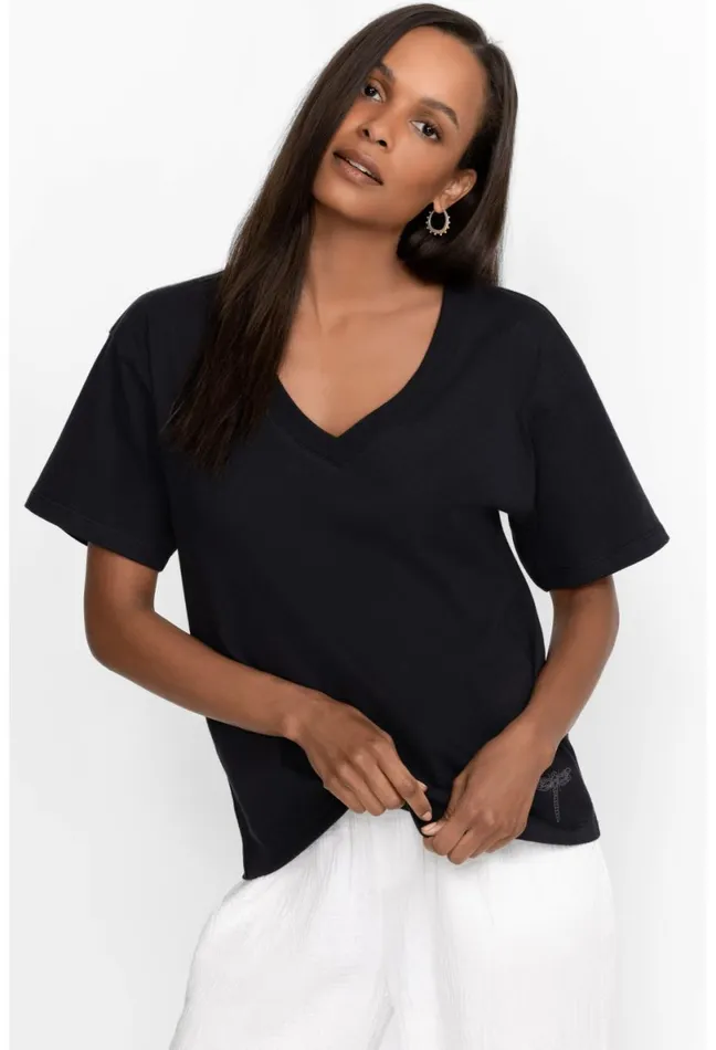 Women Johnny Was Tops Organic Cotton Drop Shoulder Tee Black Beauty