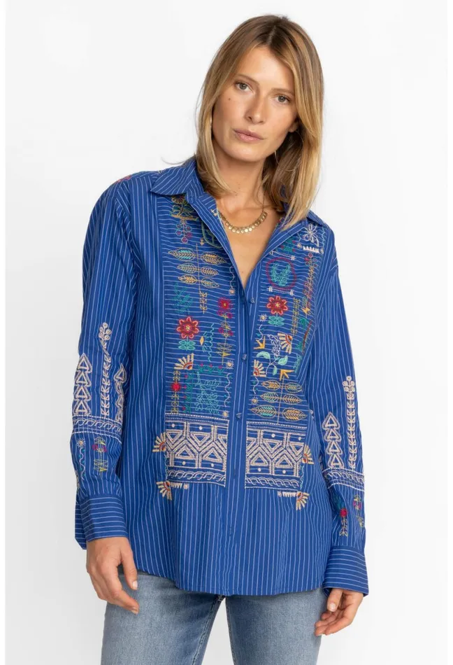Women Johnny Was Tops Scara Oversized Yoke Shirt Stripe