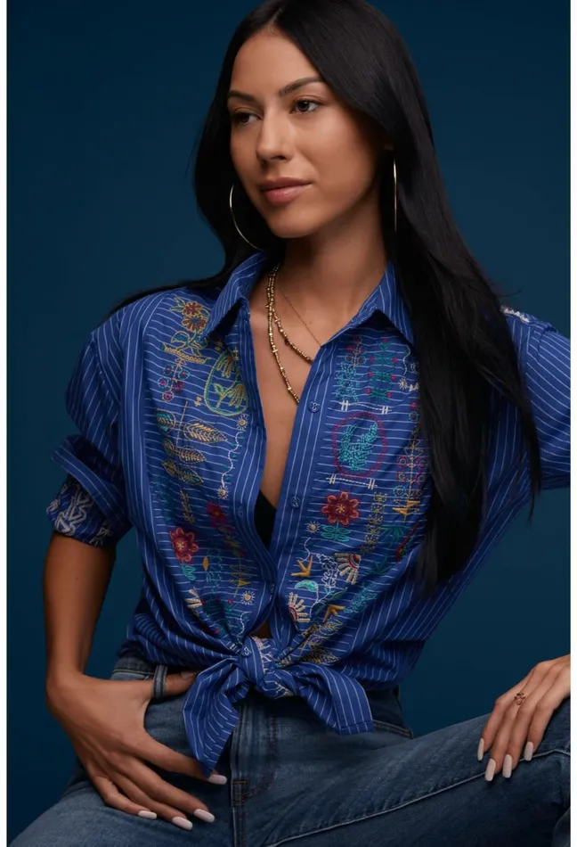 Women Johnny Was Tops Scara Oversized Yoke Shirt Stripe