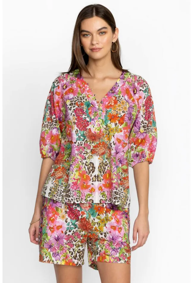 Women Johnny Was Tops Wild Garden Puff Sleeve Button Front Blouse Wild Garden