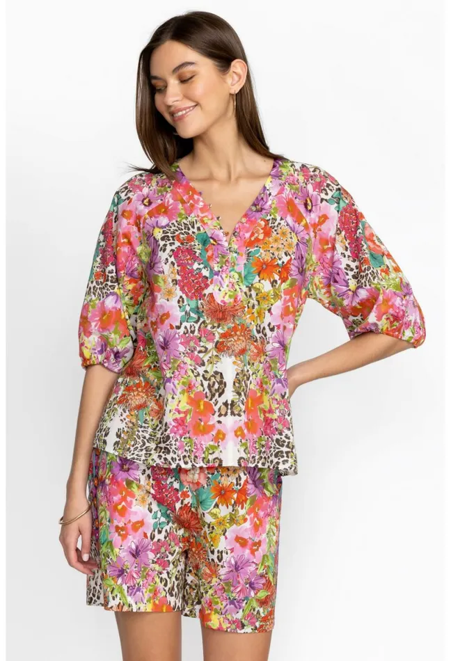 Women Johnny Was Tops Wild Garden Puff Sleeve Button Front Blouse Wild Garden