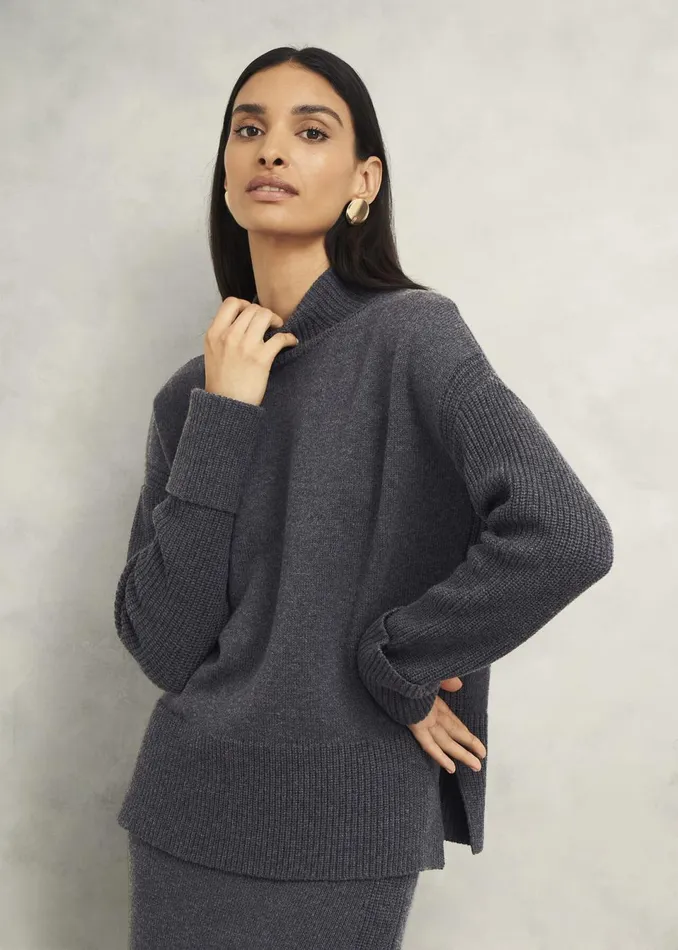 Women Jumpers and Cardigans Hobbs Gaskell CoOrd Wool Cotton Jumper Dark Grey Marl