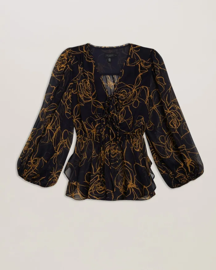 Women KAZUKO 8211 Floral Tie Front Peplum Blouse Navy Ted Baker Tops and Blouses
