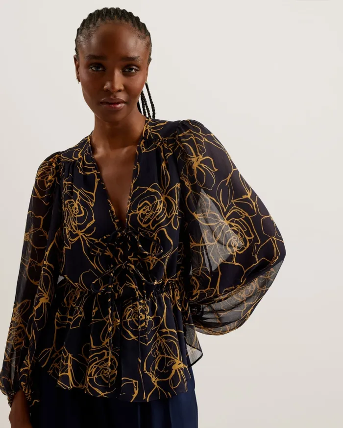 Women KAZUKO 8211 Floral Tie Front Peplum Blouse Navy Ted Baker Tops and Blouses Women KAZUKO 8211 Floral Tie Front Peplum Blouse Navy Ted Baker Tops and Blouses