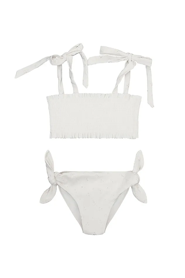 WomenKids Swim LoveShackFancy Girls Zarina Smocked Bikini Swim Set Dover White