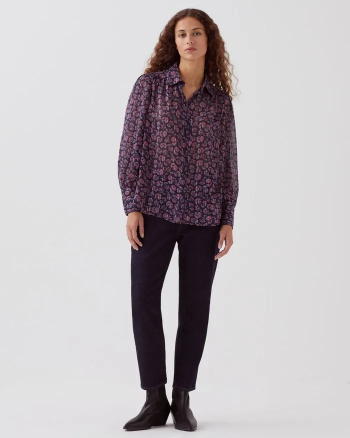 Women LongSleeve Silky Shirt Indienne Navy Comptoir Des Cotonniers Blouses and Shirts and Tops