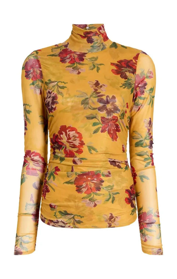 Women Long Sleeve Tops Cinq Sept Brigitte Floral Shirred Mesh Turtleneck Deep Gold Multi