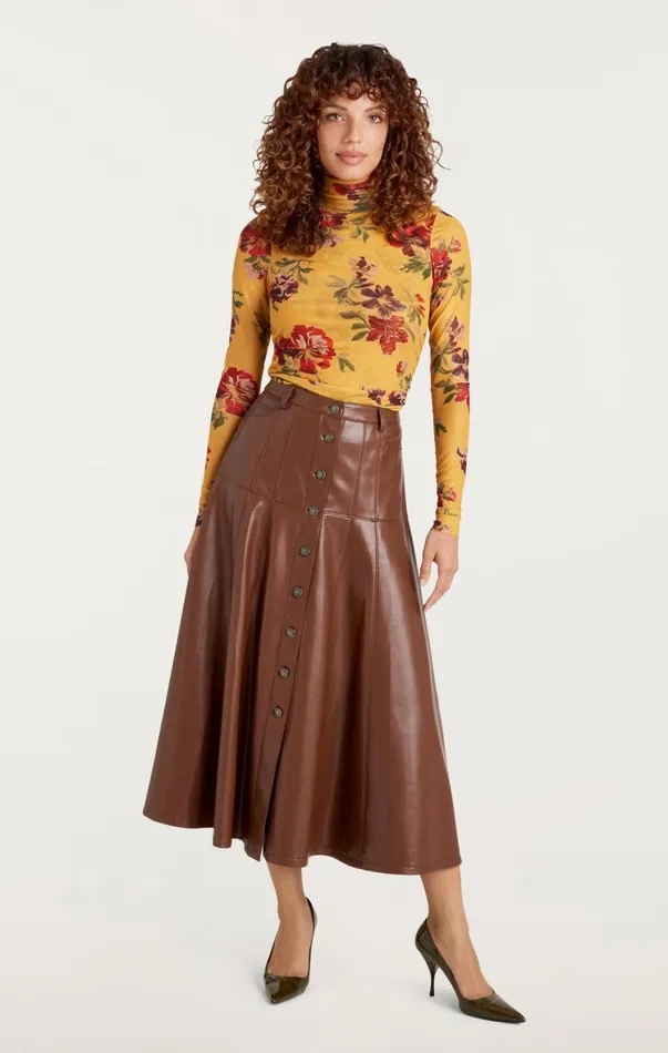Women Long Sleeve Tops Cinq Sept Brigitte Floral Shirred Mesh Turtleneck Deep Gold Multi
