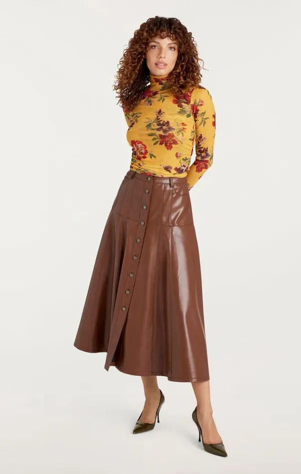 Women Long Sleeve Tops Cinq Sept Brigitte Floral Shirred Mesh Turtleneck Deep Gold Multi