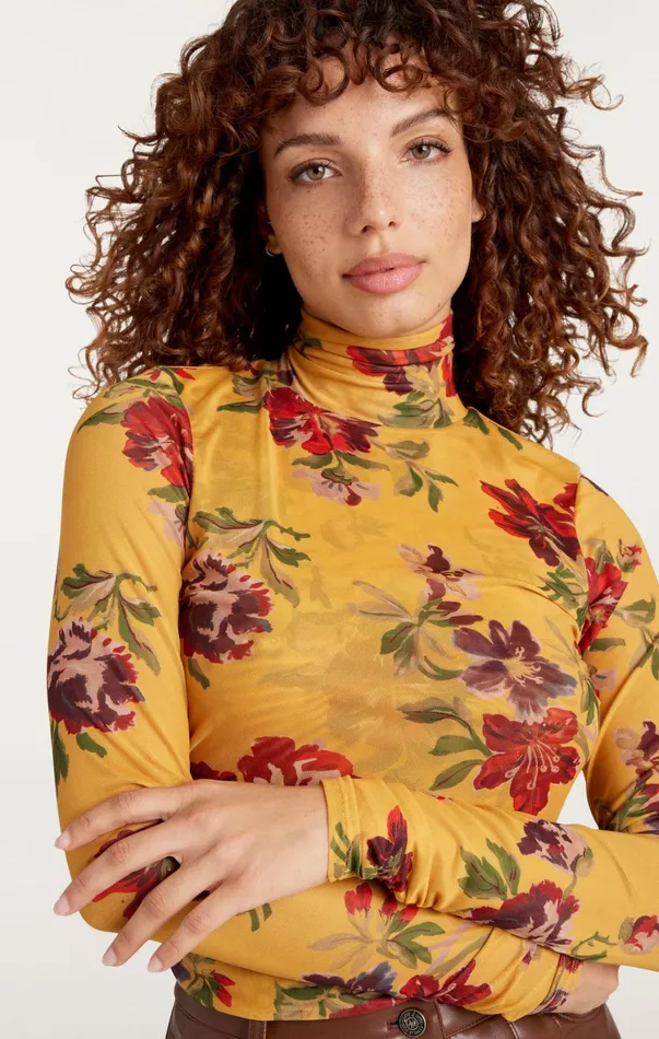 Women Long Sleeve Tops Cinq Sept Brigitte Floral Shirred Mesh Turtleneck Deep Gold Multi