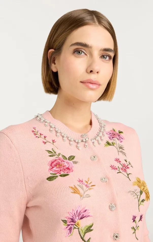 Women Long Sleeve Tops Cinq Sept Isolde Embroidered Cardigan Soft Pink Multi