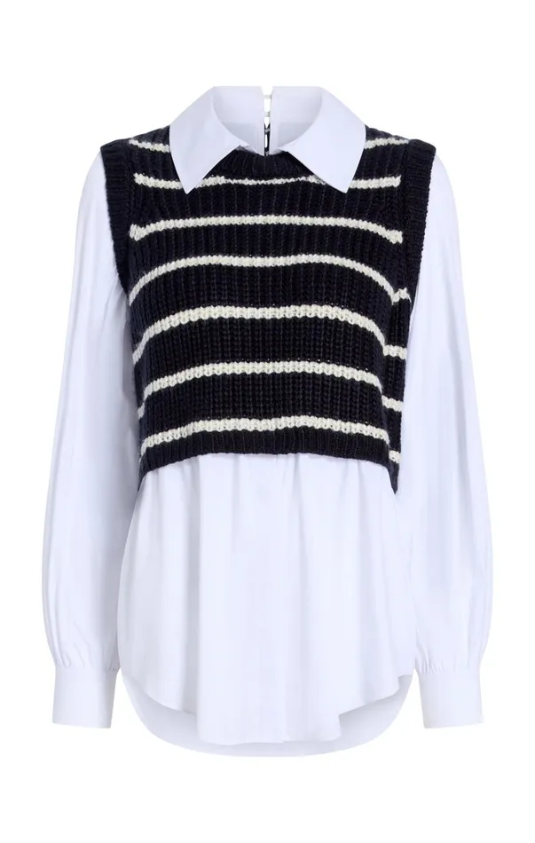 Women Long Sleeve Tops Cinq Sept Striped Mara Shaker Pullover Navyivory