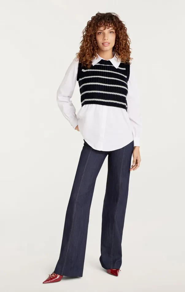 Women Long Sleeve Tops Cinq Sept Striped Mara Shaker Pullover Navyivory