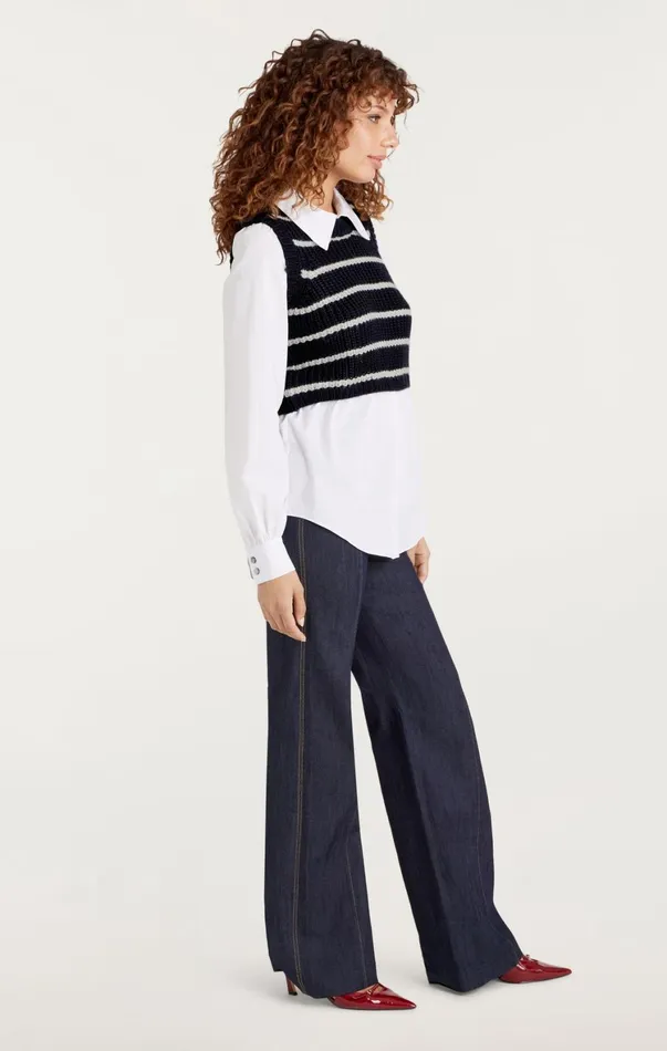 Women Long Sleeve Tops Cinq Sept Striped Mara Shaker Pullover Navyivory