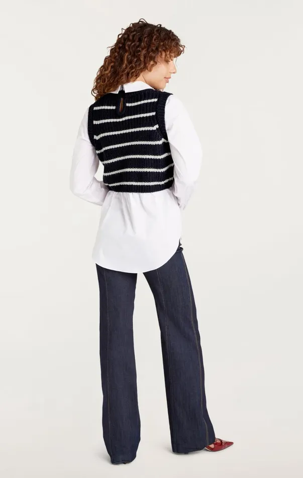 Women Long Sleeve Tops Cinq Sept Striped Mara Shaker Pullover Navyivory