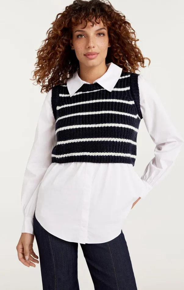 Women Long Sleeve Tops Cinq Sept Striped Mara Shaker Pullover Navyivory