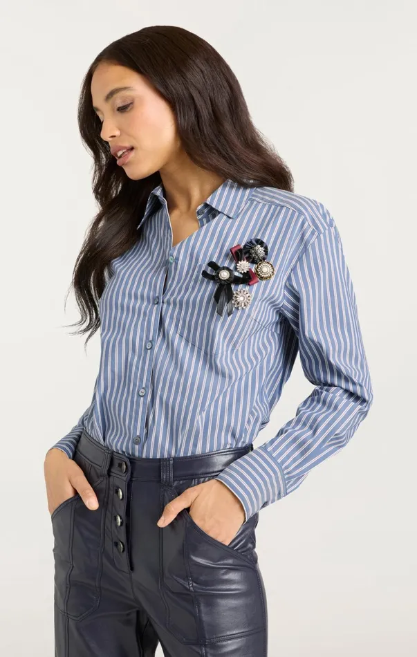 Women Long Sleeve Tops Cinq Sept Wren Shirt Sabrina Stripe Astro Blue Multi