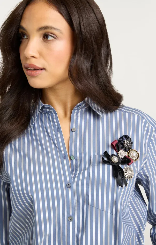 Women Long Sleeve Tops Cinq Sept Wren Shirt Sabrina Stripe Astro Blue Multi