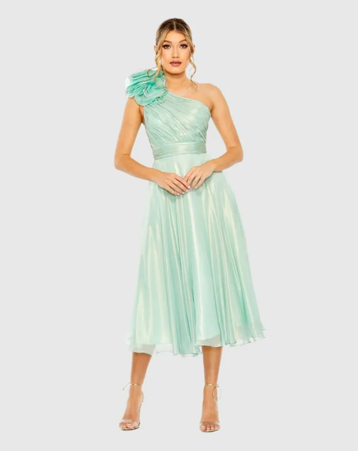 Women Mac Duggal Green Rosette One Shoulder Tea Length Dress Sage Best Sellers