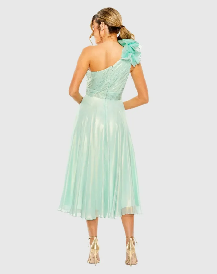 Women Mac Duggal Green Rosette One Shoulder Tea Length Dress Sage Best Sellers