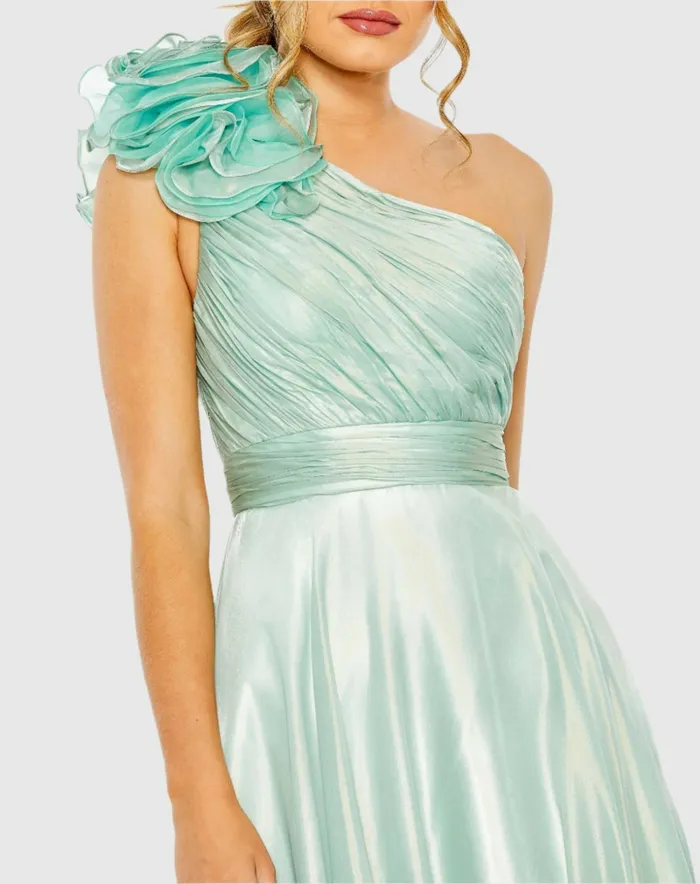 Women Mac Duggal Green Rosette One Shoulder Tea Length Dress Sage Best Sellers