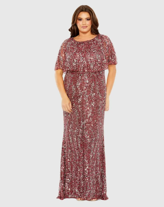 Women Mac Duggal High Neck Column Dress with Cape Mulberry Plus Size Dresses