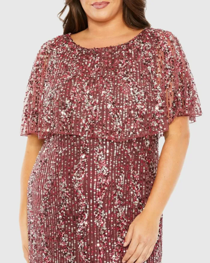 Women Mac Duggal High Neck Column Dress with Cape Mulberry Plus Size Dresses
