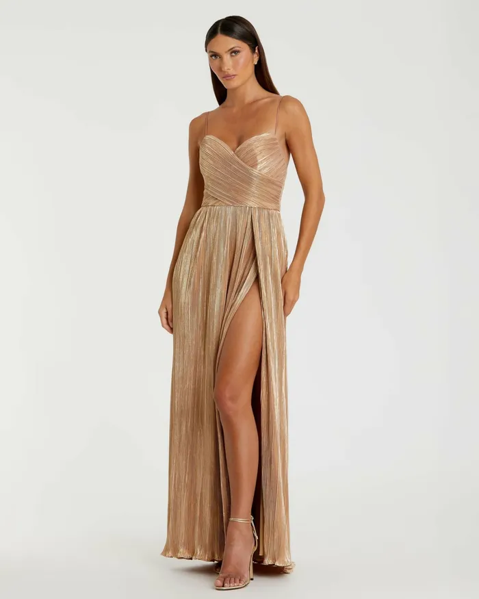 Women Mac Duggal Metallic Ruched A Line Gown Gold Best Sellers