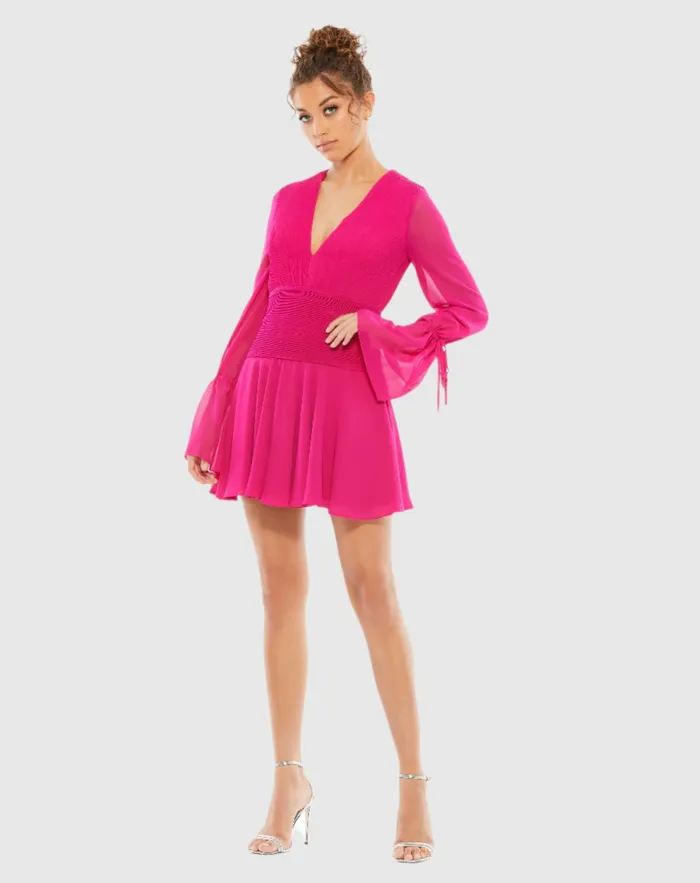 Women Mac Duggal Pink Pleated Bell Sleeve Chiffon Mini Dress 8211 FINAL SALE Hot Pink Daytime Dresses