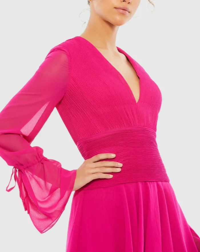 Women Mac Duggal Pink Pleated Bell Sleeve Chiffon Mini Dress 8211 FINAL SALE Hot Pink Daytime Dresses