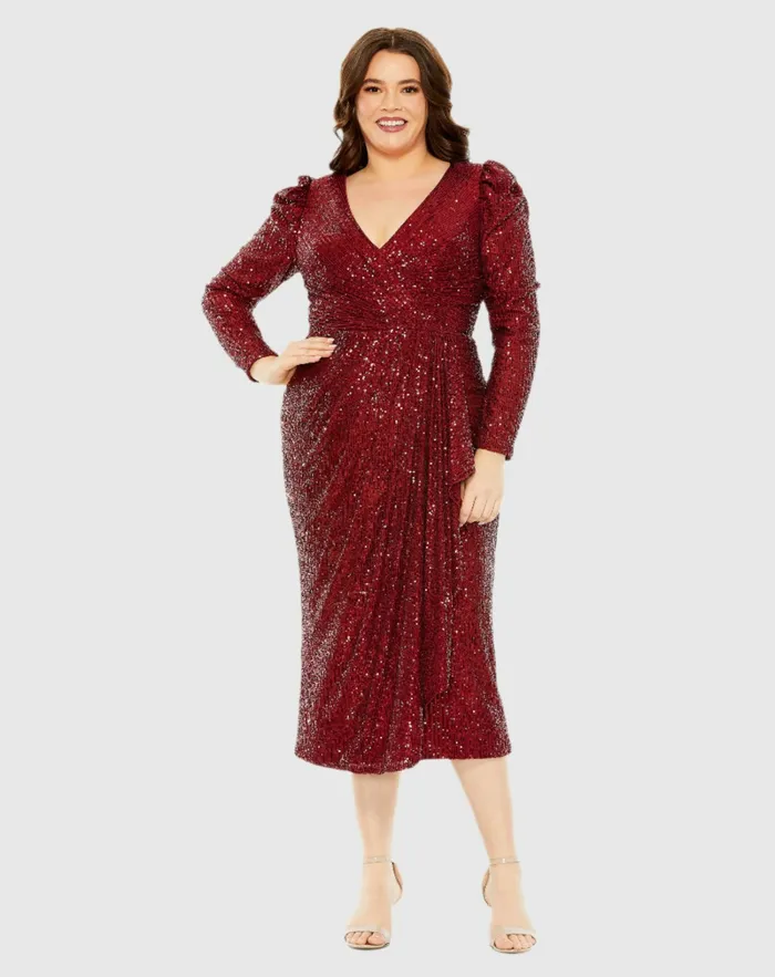 Women Mac Duggal Red Princess Long Sleeve V Neck Sequin Dress Wine Plus Size Dresses