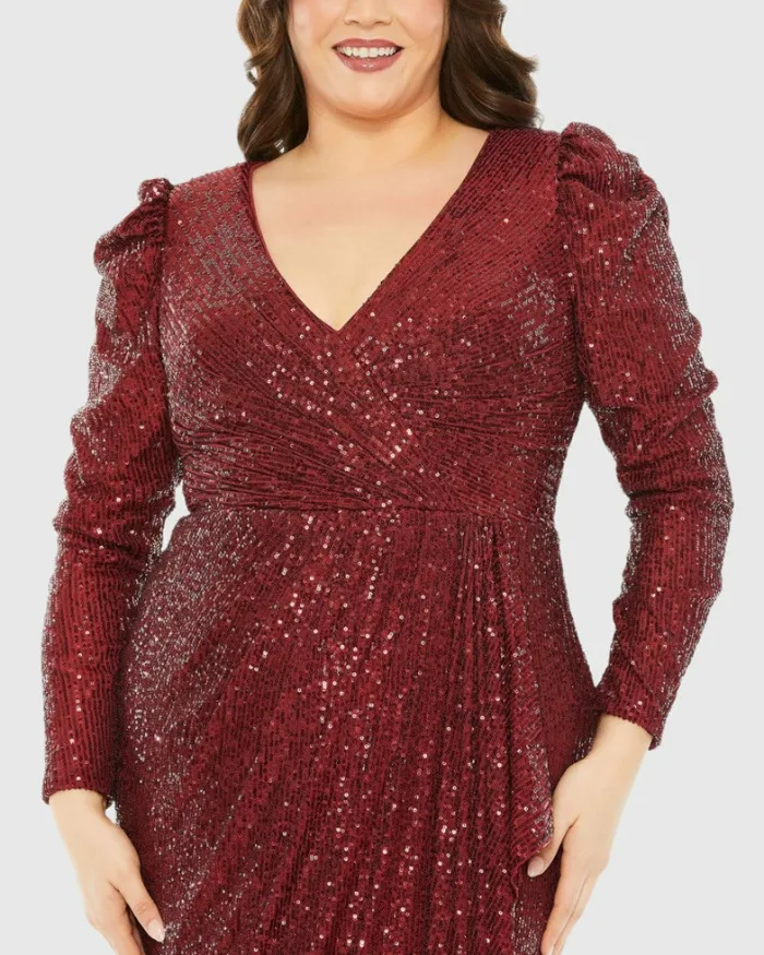 Women Mac Duggal Red Princess Long Sleeve V Neck Sequin Dress Wine Plus Size Dresses