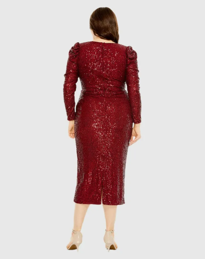 Women Mac Duggal Red Princess Long Sleeve V Neck Sequin Dress Wine Plus Size Dresses