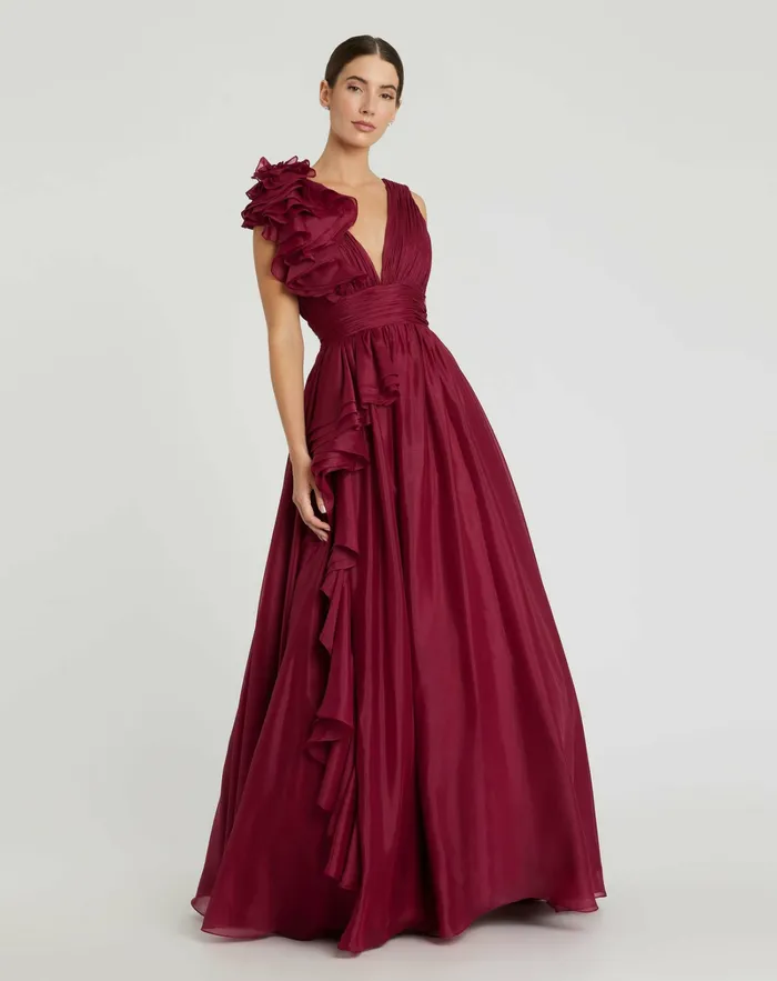 Women Mac Duggal Ruffle Detailed Evening Dress Wine Best Sellers