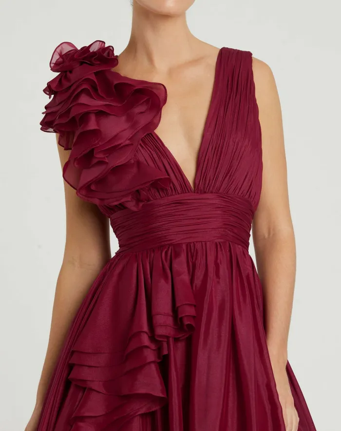 Women Mac Duggal Ruffle Detailed Evening Dress Wine Best Sellers