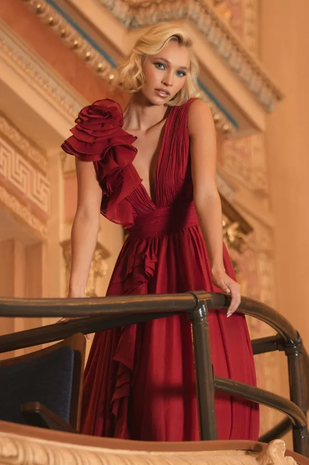 Women Mac Duggal Ruffle Detailed Evening Dress Wine Best Sellers