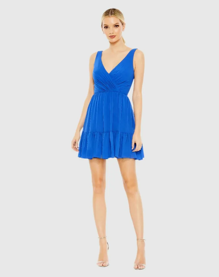 Women Mac Duggal Tiered Ruffle Fit and Flare Mini Dress Royal Blue Daytime Dresses